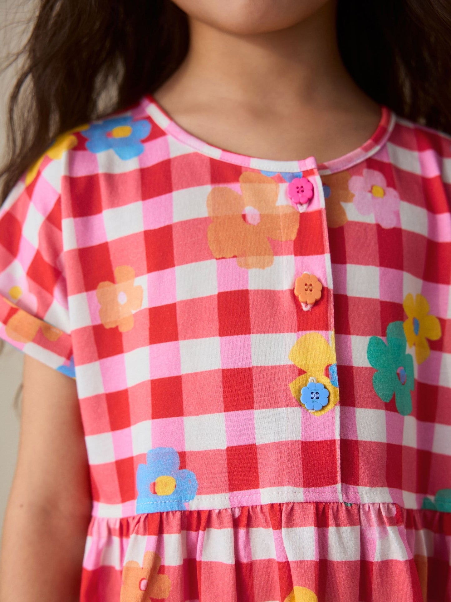 Little Bird by Jools Oliver Rainbow Gingham Floral Cotton Jersey Dress image 3