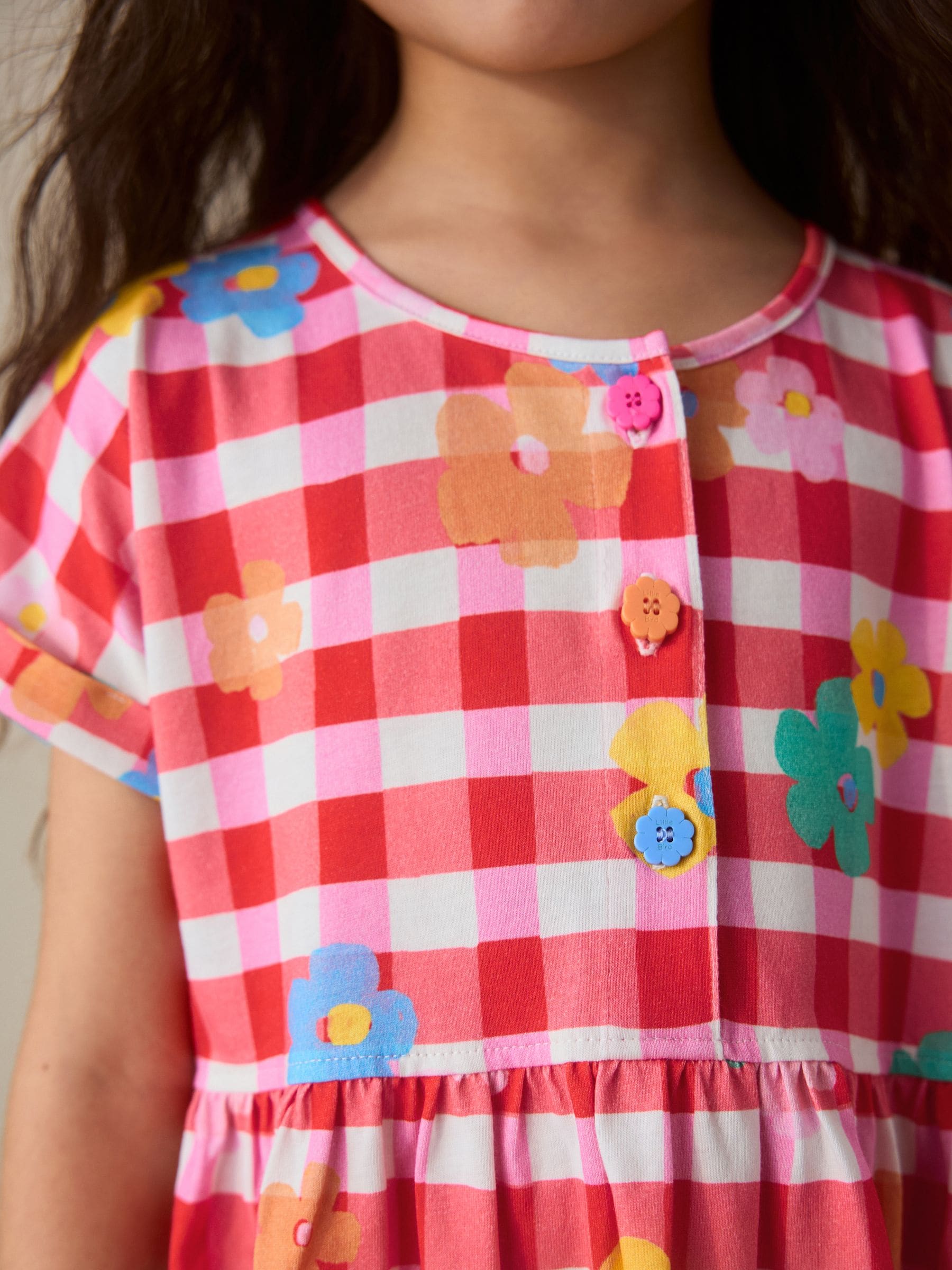 Little Bird by Jools Oliver Rainbow Gingham Floral Cotton Jersey Dress image 3
