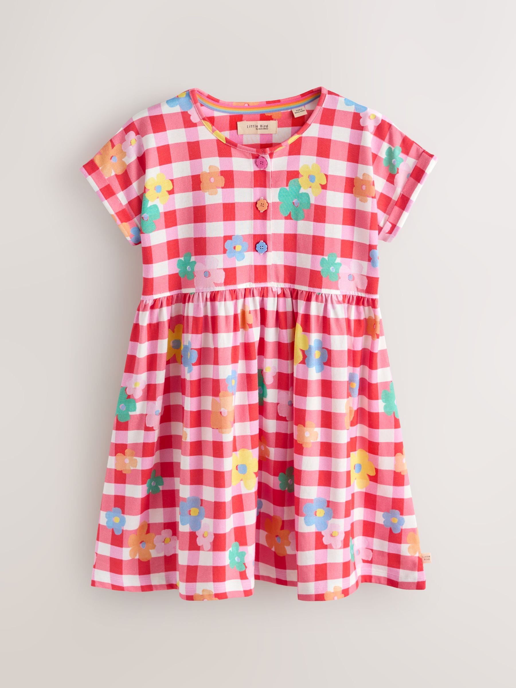 Little Bird by Jools Oliver Rainbow Gingham Floral Cotton Jersey Dress image 6