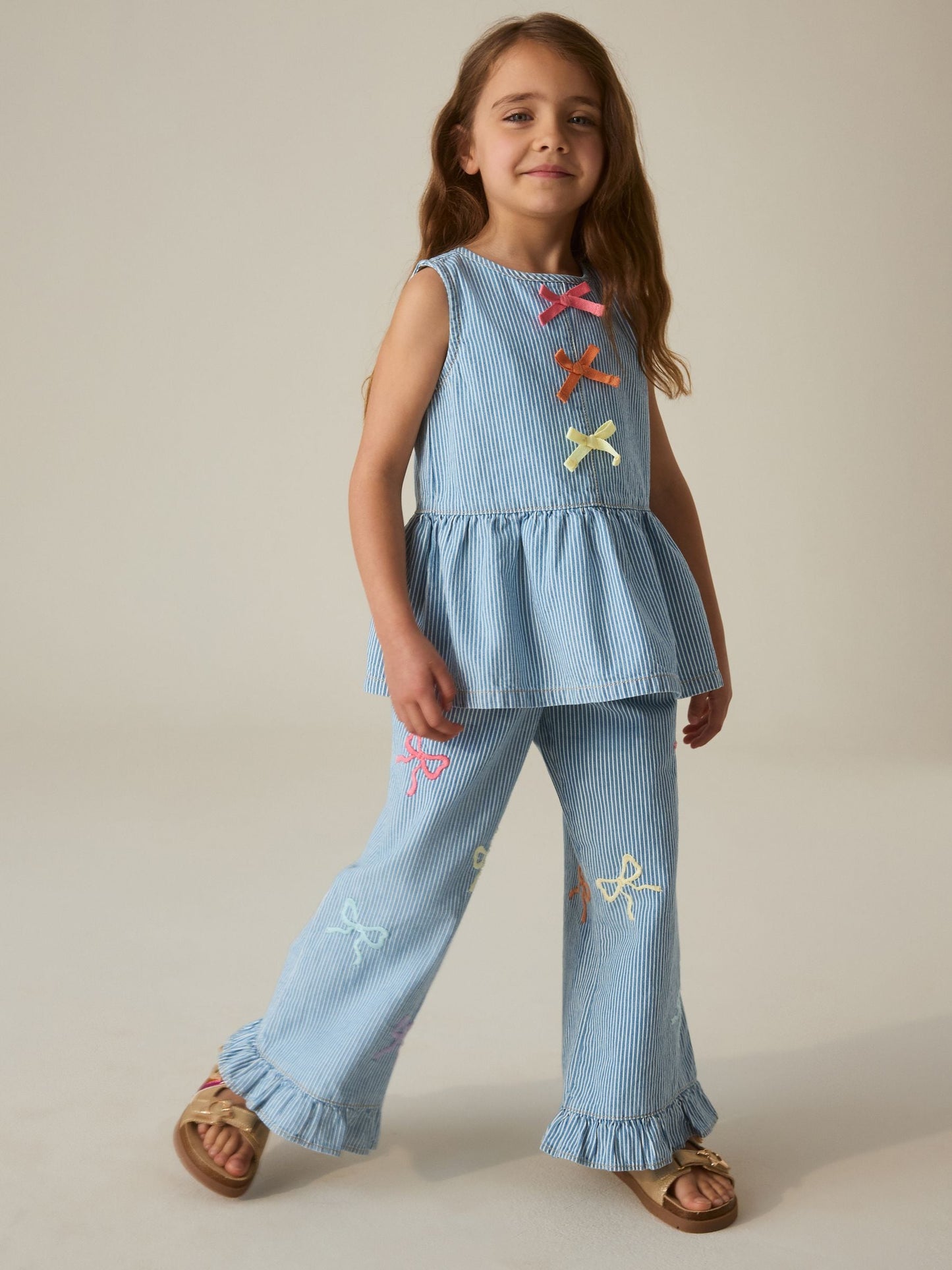 Little Bird by Jools Oliver Rainbow Embroidery Pinstripe Denim Top& Trouser Set image 1
