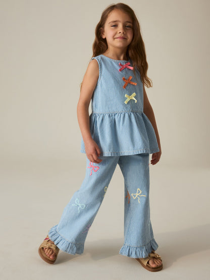 Little Bird by Jools Oliver Rainbow Embroidery Pinstripe Denim Top& Trouser Set image 1