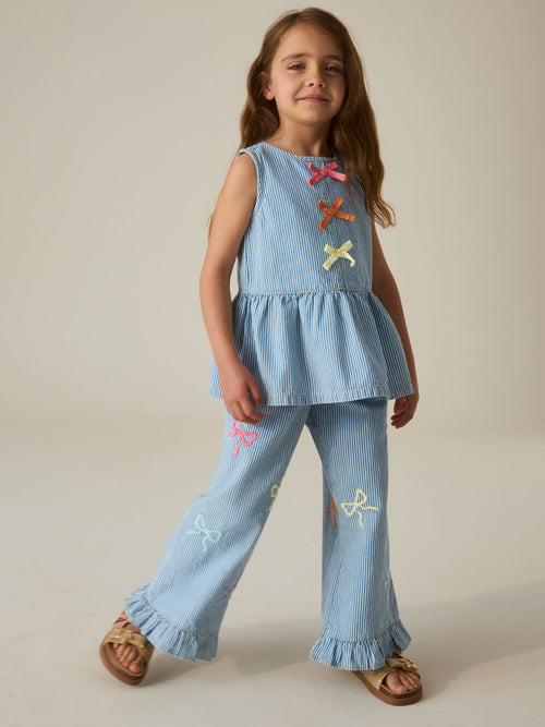 Little Bird by Jools Oliver Rainbow Embroidery Pinstripe Denim Top& Trouser Set image 1