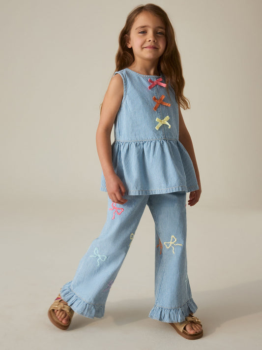Little Bird by Jools Oliver Rainbow Embroidery Pinstripe Denim Top& Trouser Set image 1