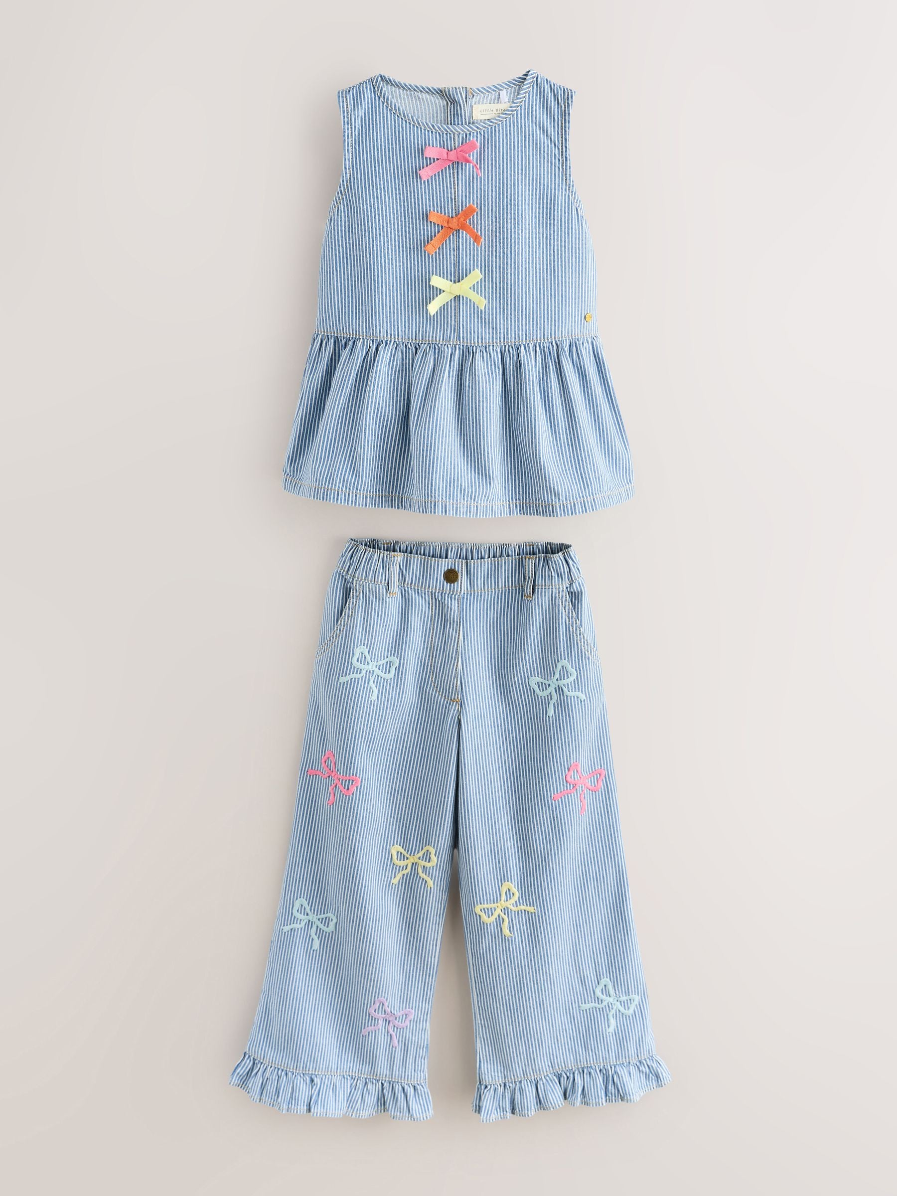 Little Bird by Jools Oliver Rainbow Embroidery Pinstripe Denim Top& Trouser Set image 10