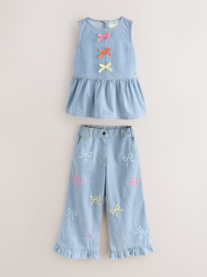 Little Bird by Jools Oliver Rainbow Embroidery Pinstripe Denim Top& Trouser Set image 10