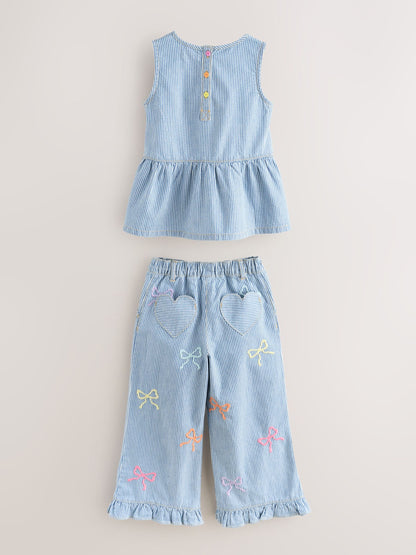 Little Bird by Jools Oliver Rainbow Embroidery Pinstripe Denim Top& Trouser Set image 11