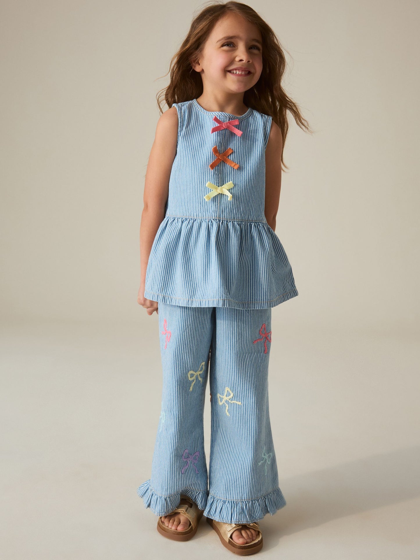 Little Bird by Jools Oliver Rainbow Embroidery Pinstripe Denim Top& Trouser Set image 2