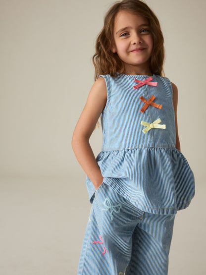 Little Bird by Jools Oliver Rainbow Embroidery Pinstripe Denim Top& Trouser Set image 3
