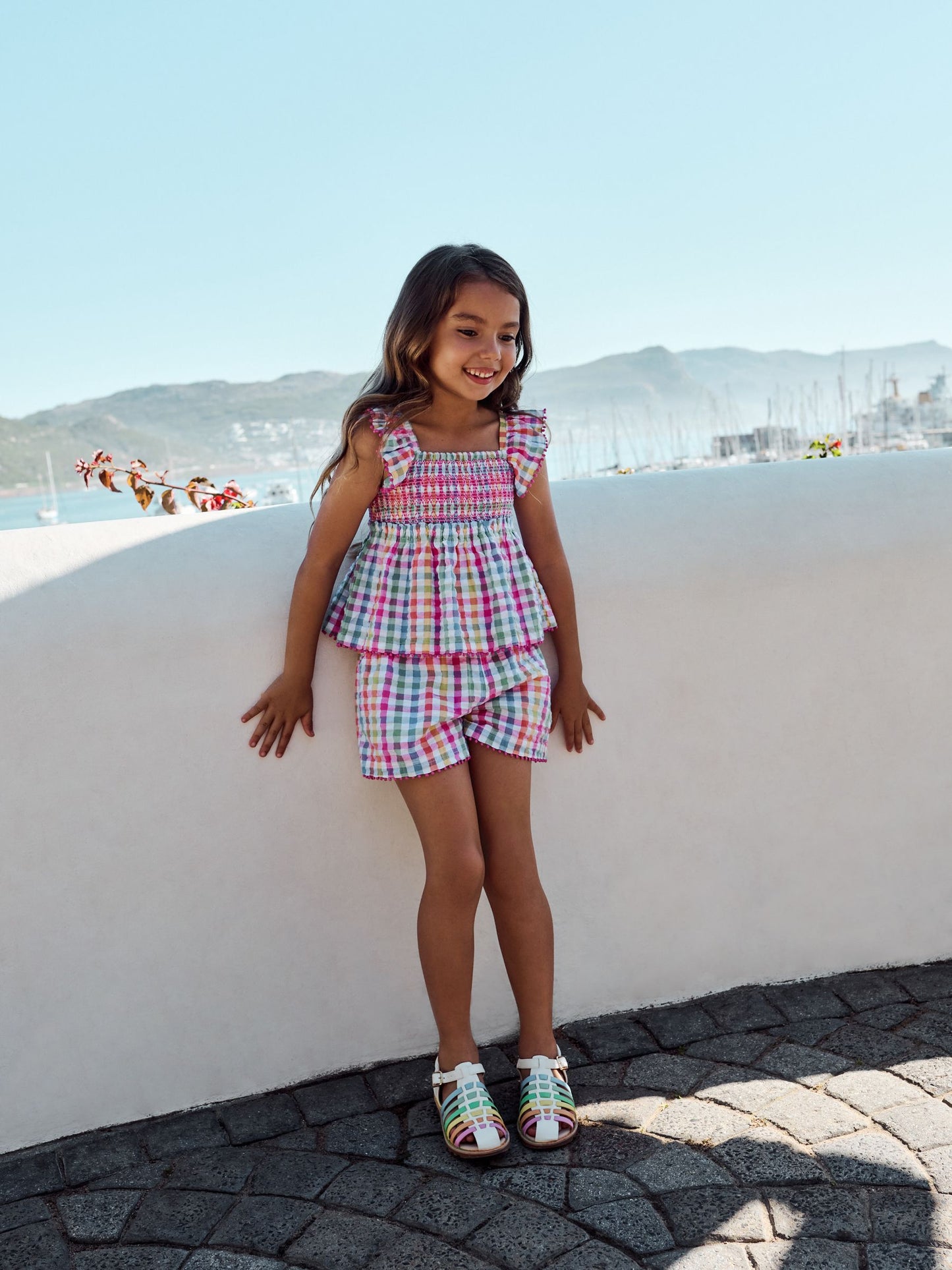 Little Bird by Jools Oliver Rainbow Gingham Frill Sleeve Woven Co-Ord Set image 1