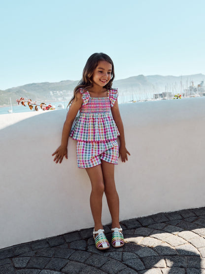Little Bird by Jools Oliver Rainbow Gingham Frill Sleeve Woven Co-Ord Set image 1