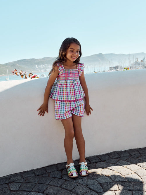 Little Bird by Jools Oliver Rainbow Gingham Frill Sleeve Woven Co-Ord Set image 1
