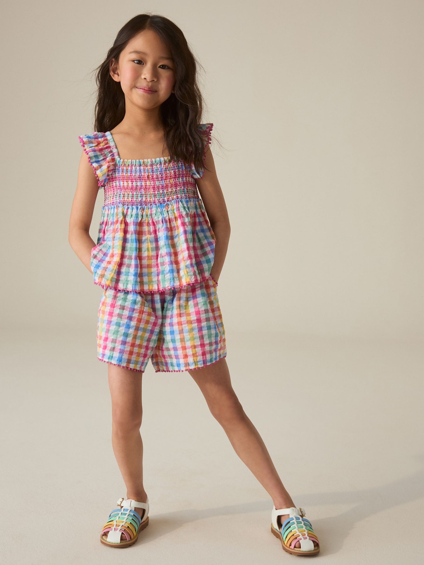 Little Bird by Jools Oliver Rainbow Gingham Frill Sleeve Woven Co-Ord Set image 3