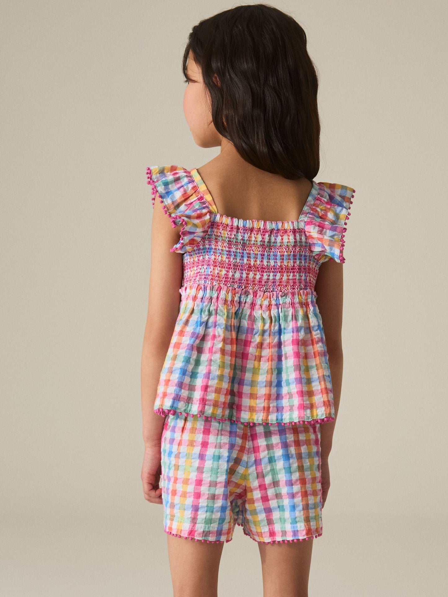 Little Bird by Jools Oliver Rainbow Gingham Frill Sleeve Woven Co-Ord Set image 5