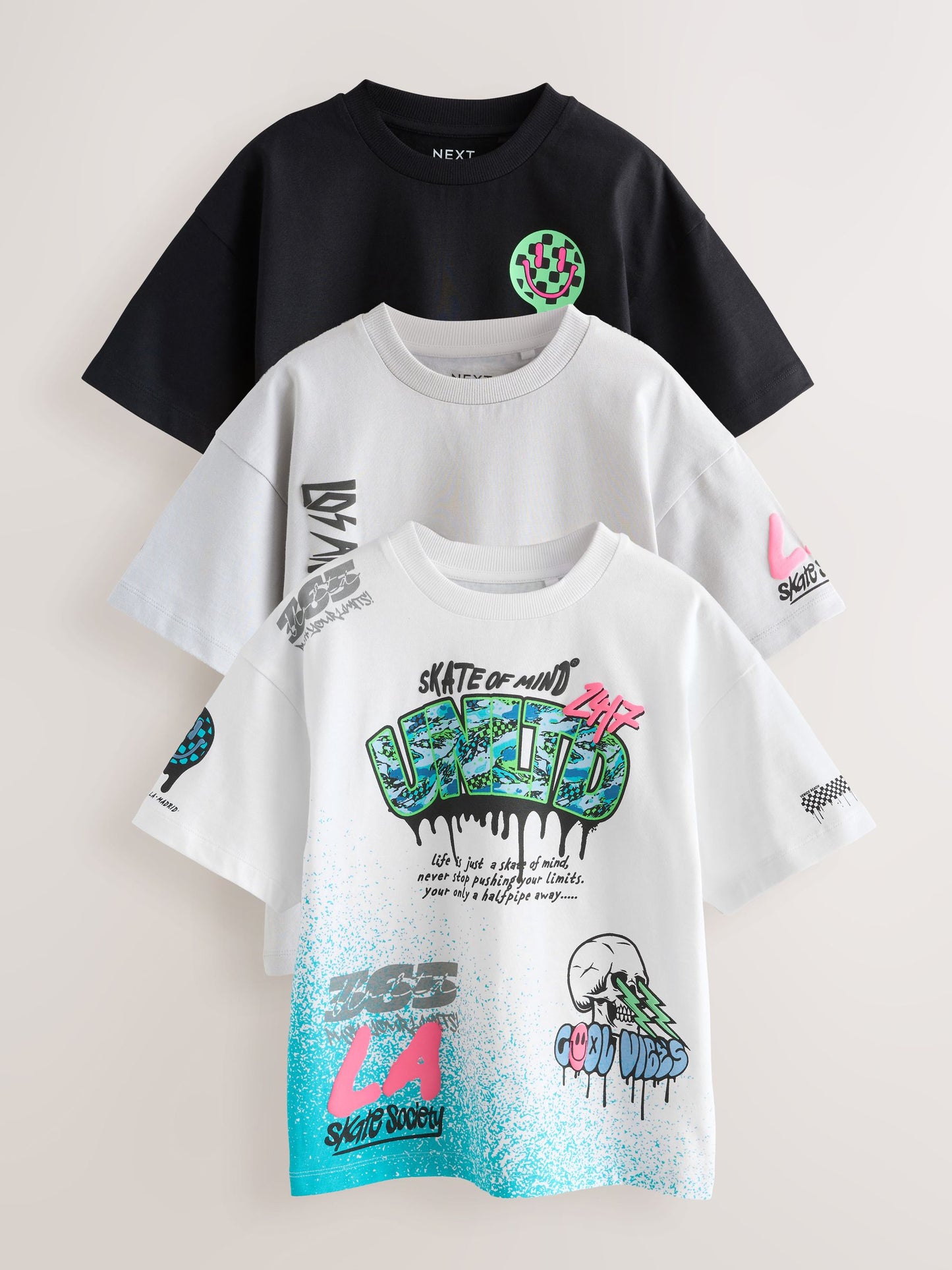 Dsiney Kidz - White/Black/Grey Relaxed Fit Graphic Print Short Sleeve T-Shirts 3 Pack (3-16yrs) image 1