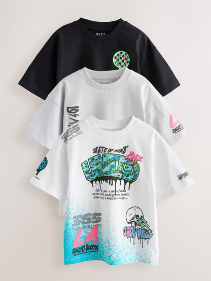 Dsiney Kidz - White/Black/Grey Relaxed Fit Graphic Print Short Sleeve T-Shirts 3 Pack (3-16yrs) image 1