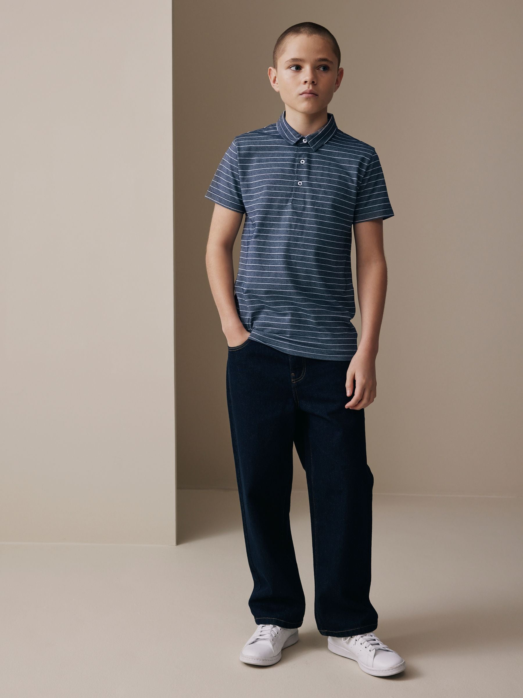 Dsiney Kidz - Navy/White Stripe Short Sleeve Jersey Polo Shirt (3-16yrs) image 2