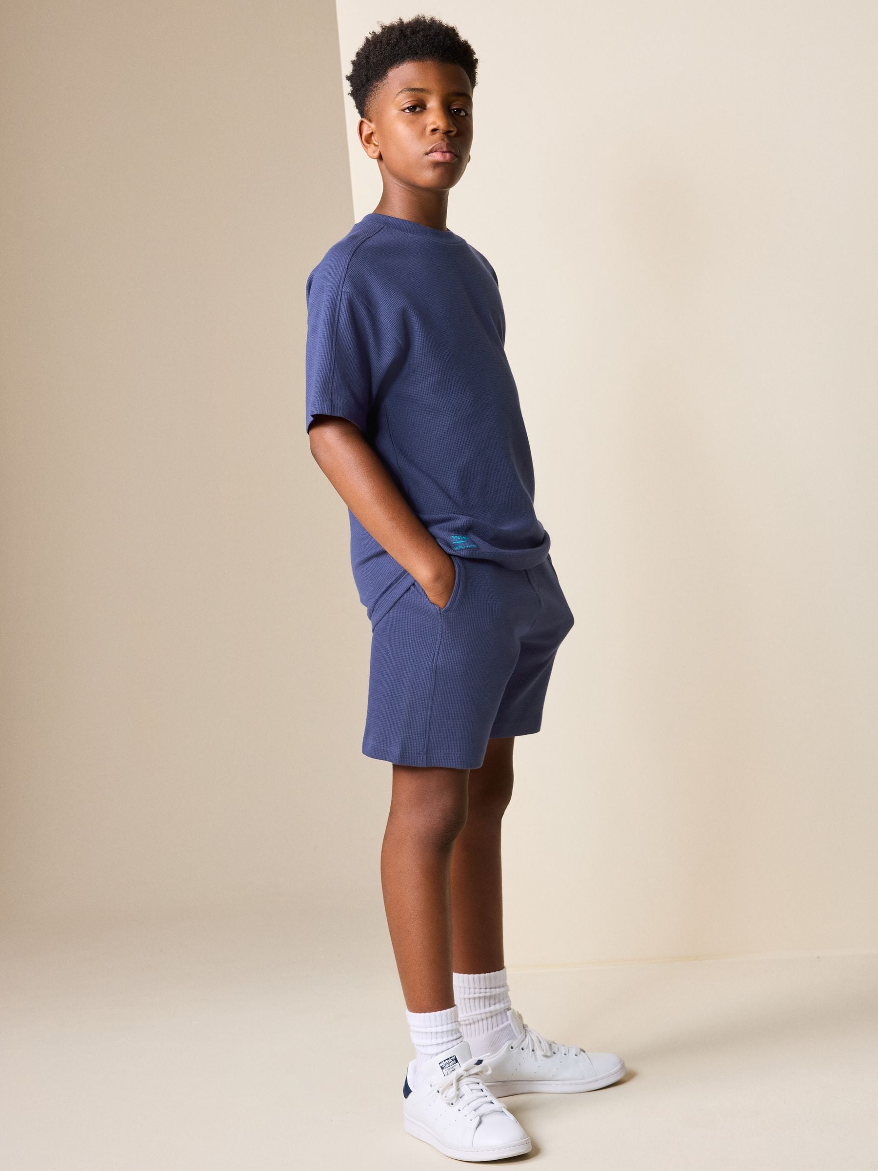 Dsiney Kidz - Navy Blue Textured Short Sleeve T-Shirt and Shorts Set (3-16yrs) image 2