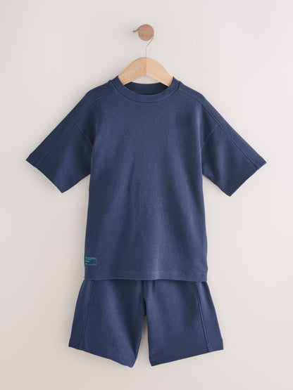 Dsiney Kidz - Navy Blue Textured Short Sleeve T-Shirt and Shorts Set (3-16yrs) image 4