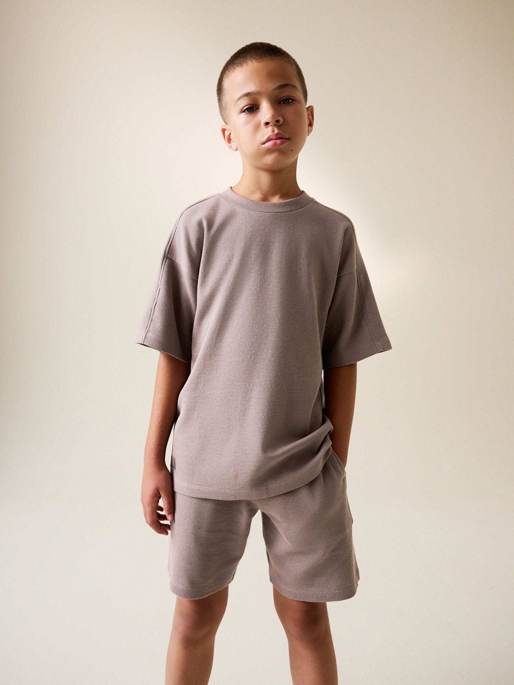 Dsiney Kidz - Mink Brown Textured Short Sleeve T-Shirt and Shorts Set (3-16yrs) image 1