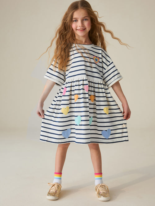 Dsiney Kidz - Little Bird by Jools Oliver Stripe & Rainbow Heart Appliqué Cotton Jersey Dress image 1