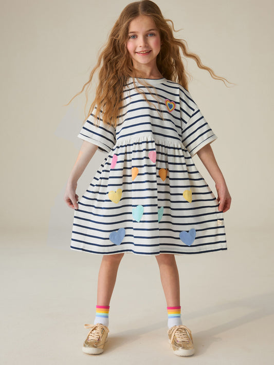 Little Bird by Jools Oliver Stripe & Rainbow Heart Appliqué Cotton Jersey Dress image 1