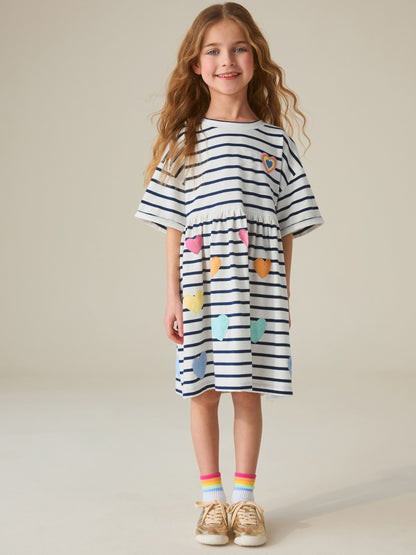 Little Bird by Jools Oliver Stripe & Rainbow Heart Appliqué Cotton Jersey Dress image 2