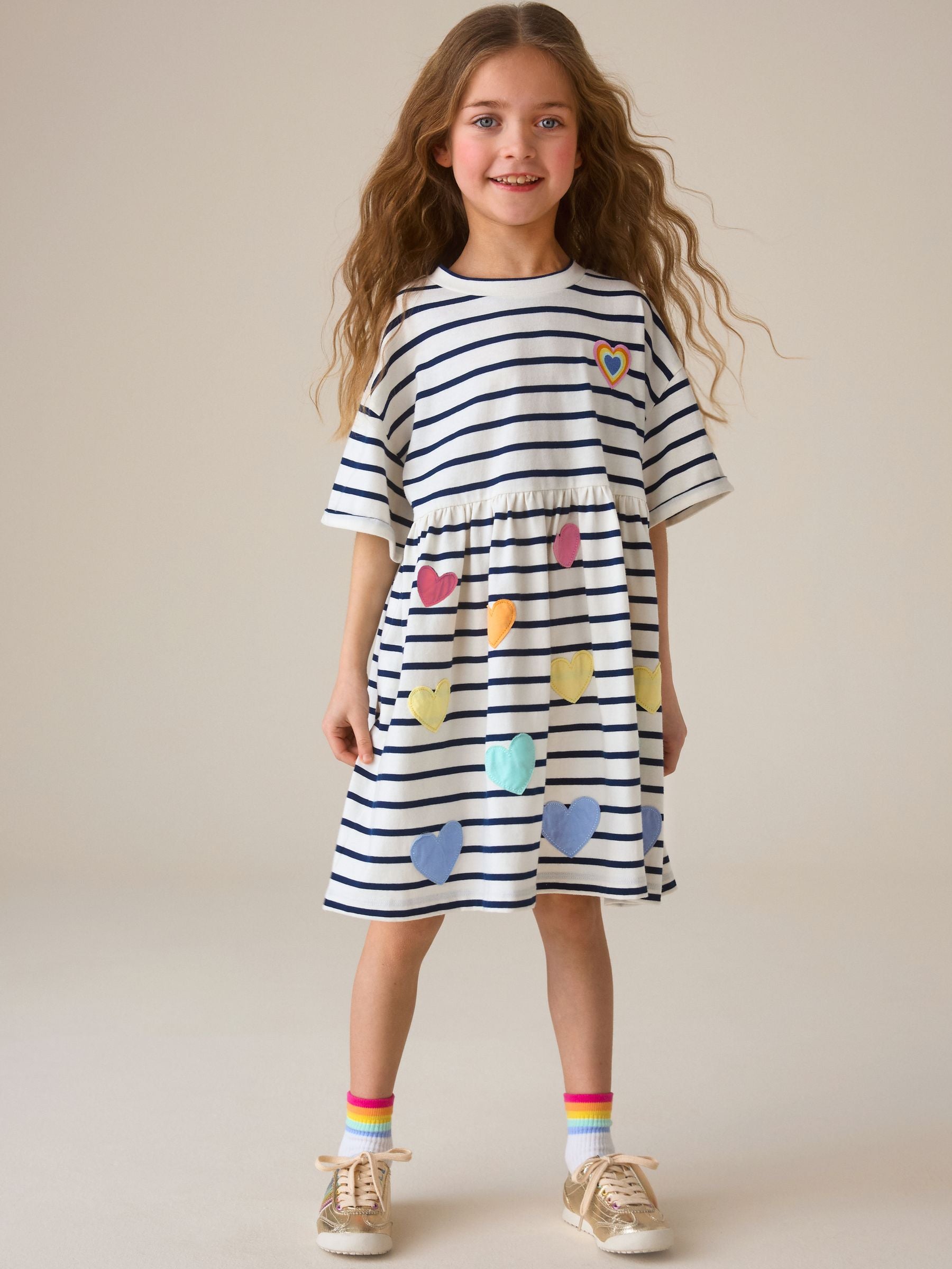 Little Bird by Jools Oliver Stripe & Rainbow Heart Appliqué Cotton Jersey Dress image 3
