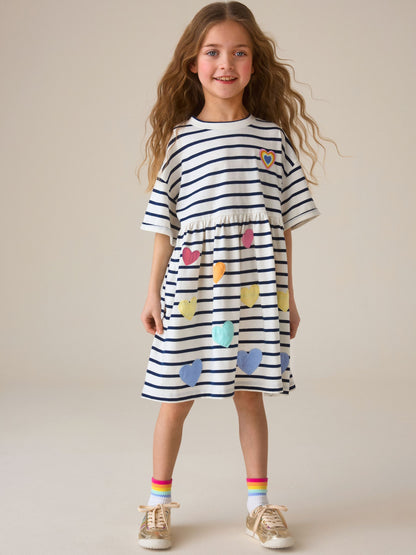 Little Bird by Jools Oliver Stripe & Rainbow Heart Appliqué Cotton Jersey Dress image 3