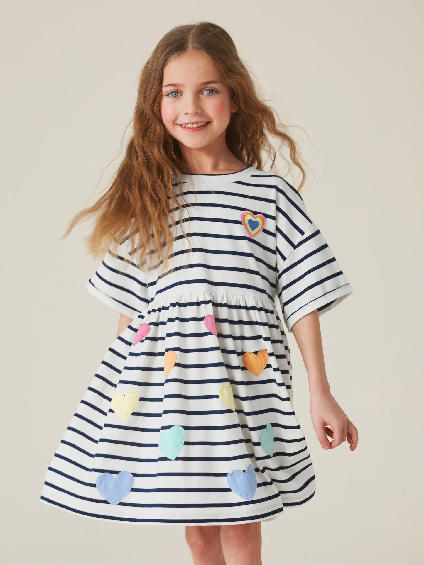 Little Bird by Jools Oliver Stripe & Rainbow Heart Appliqué Cotton Jersey Dress image 4