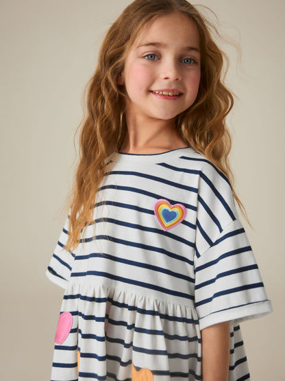Little Bird by Jools Oliver Stripe & Rainbow Heart Appliqué Cotton Jersey Dress image 5