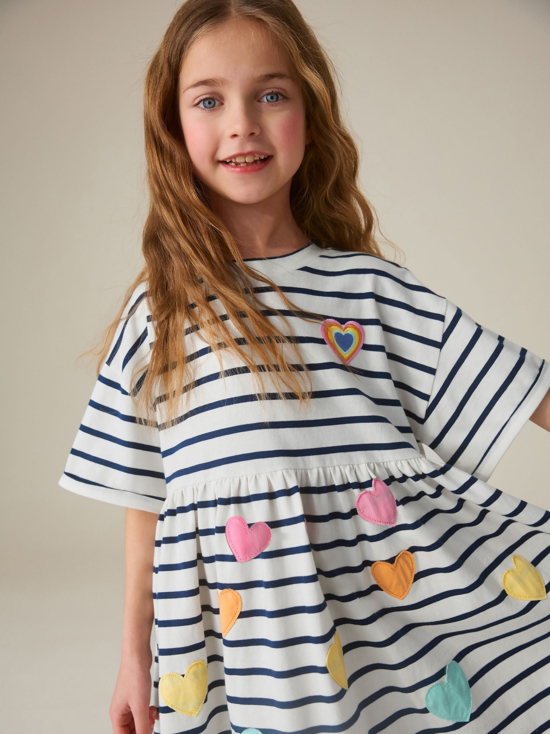 Little Bird by Jools Oliver Stripe & Rainbow Heart Appliqué Cotton Jersey Dress image 7