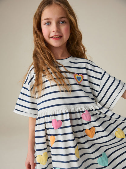 Little Bird by Jools Oliver Stripe & Rainbow Heart Appliqué Cotton Jersey Dress image 7