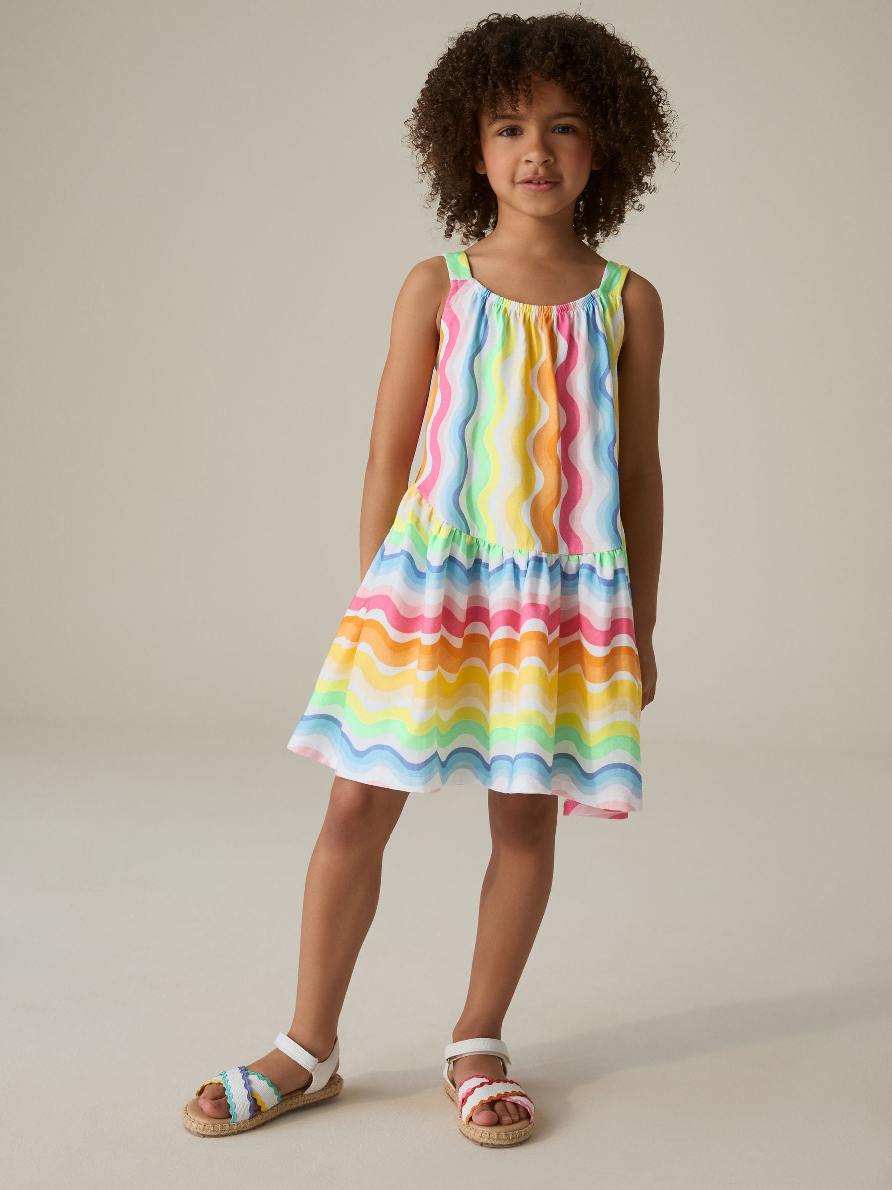 Little Bird by Jools Oliver Pastel Rainbow Wave Print Strappy Summer Dress image 1