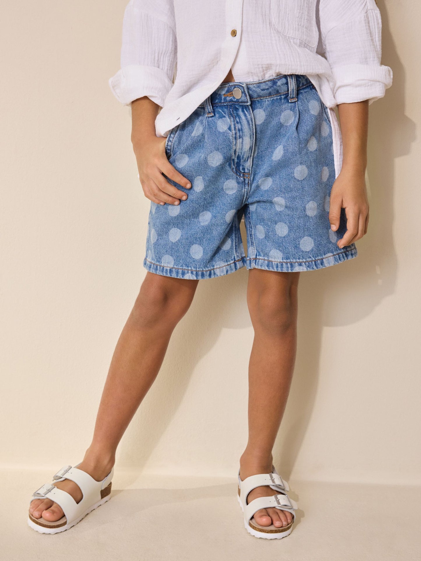 Dsiney Kidz - Mid Blue Spot Print Relaxed Denim Pleated Shorts (3-16yrs) image 1