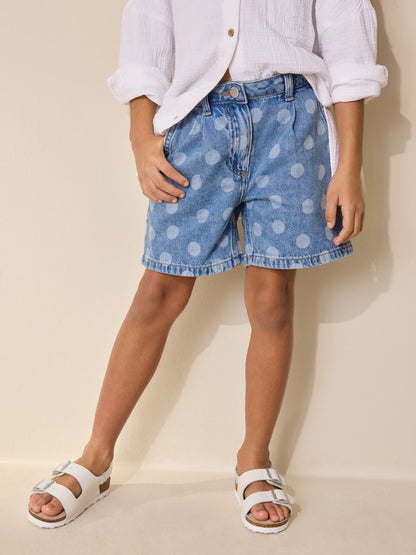 Dsiney Kidz - Mid Blue Spot Print Relaxed Denim Pleated Shorts (3-16yrs) image 1