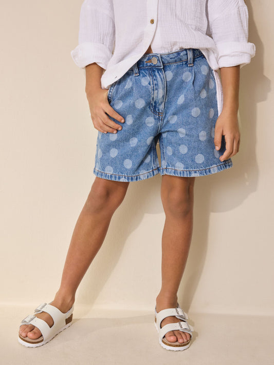 Dsiney Kidz - Mid Blue Spot Print Relaxed Denim Pleated Shorts (3-16yrs) image 1