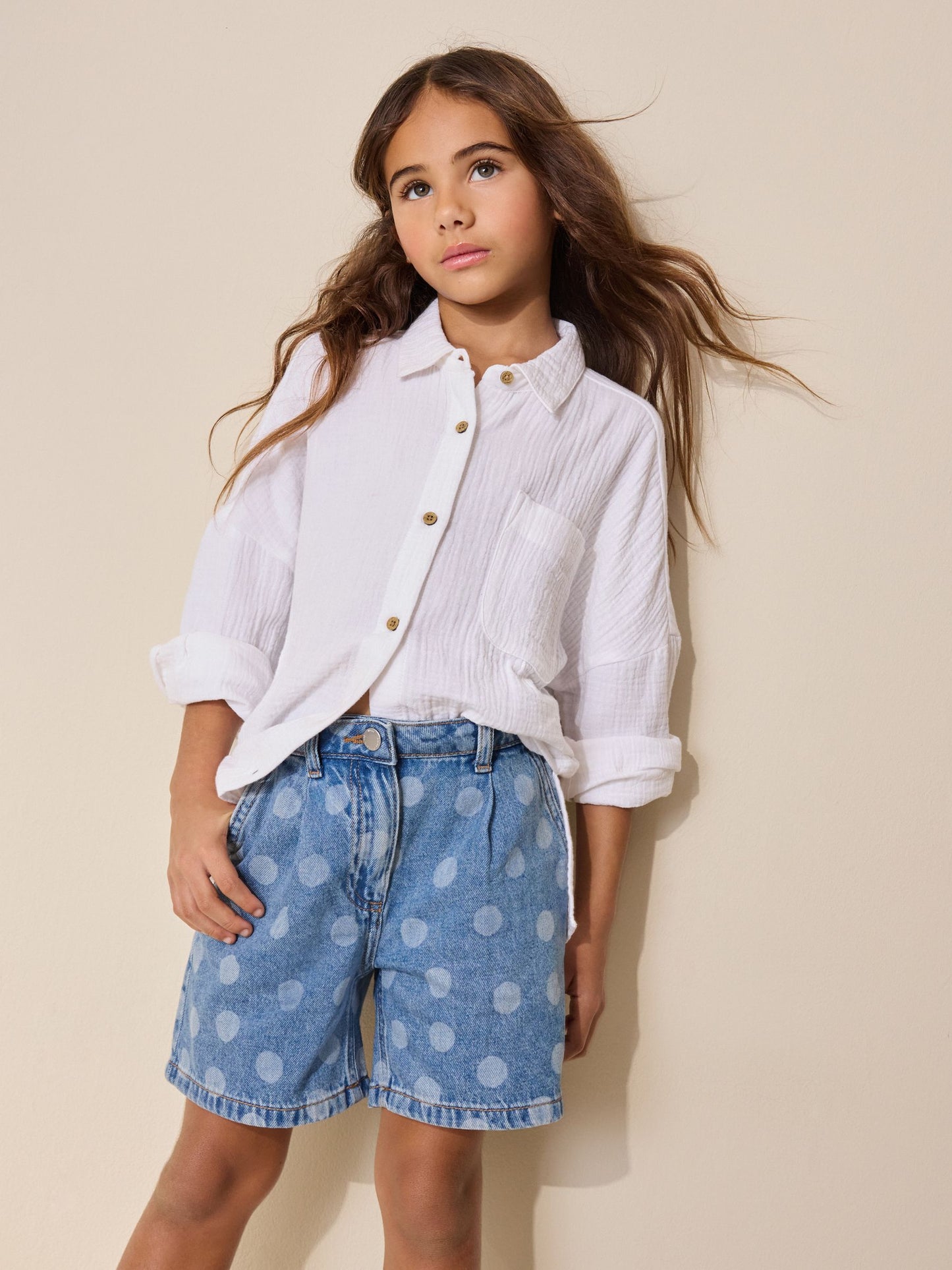 Dsiney Kidz - Mid Blue Spot Print Relaxed Denim Pleated Shorts (3-16yrs) image 2