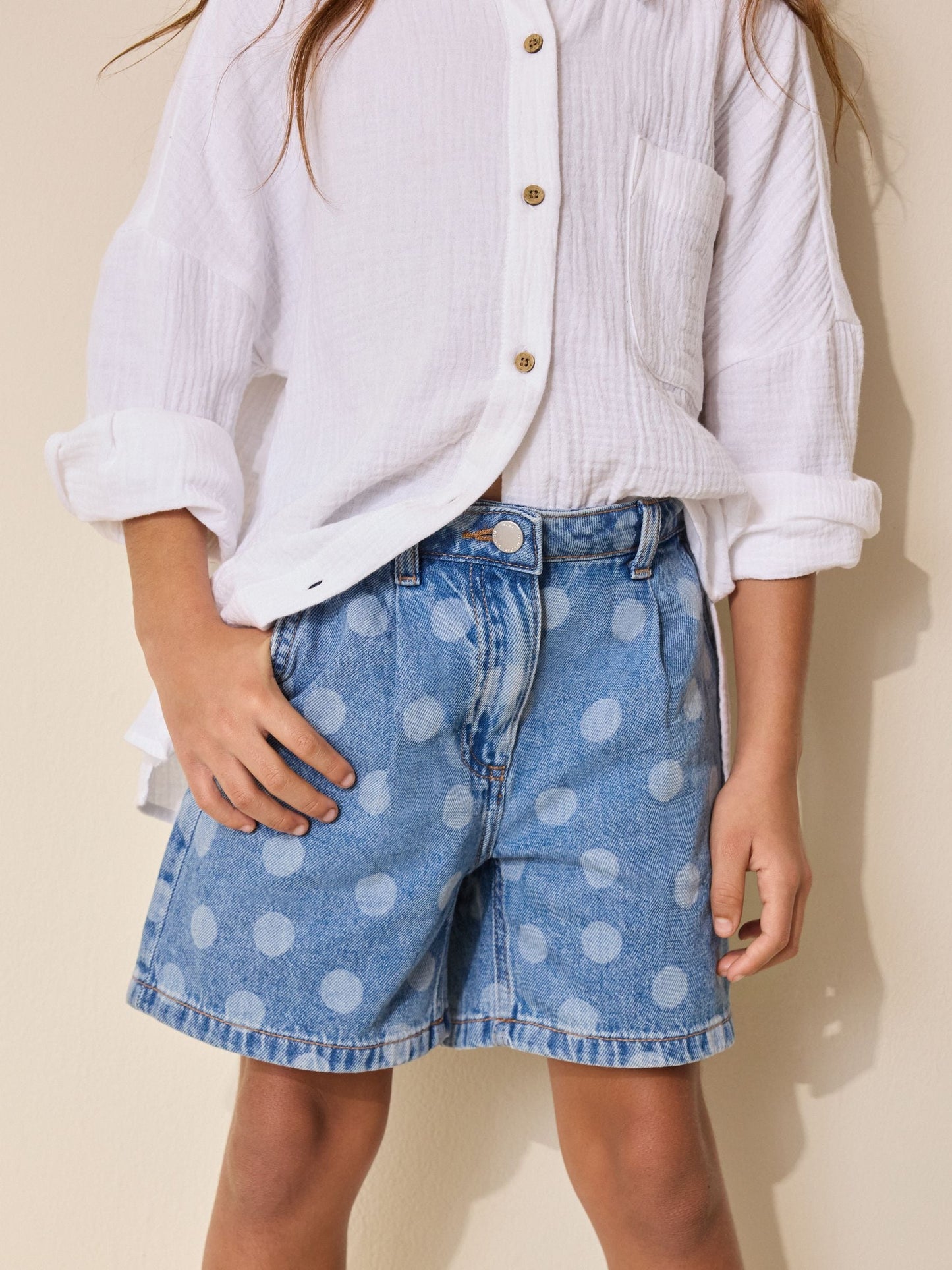 Dsiney Kidz - Mid Blue Spot Print Relaxed Denim Pleated Shorts (3-16yrs) image 5