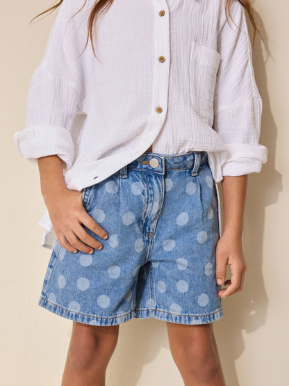 Dsiney Kidz - Mid Blue Spot Print Relaxed Denim Pleated Shorts (3-16yrs) image 5