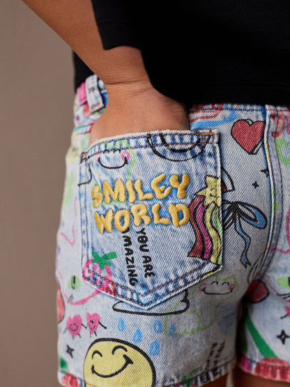 Dsiney Kidz - Mid Blue SmileyWorld® Graffiti Print Denim Shorts (3-16yrs) image 4