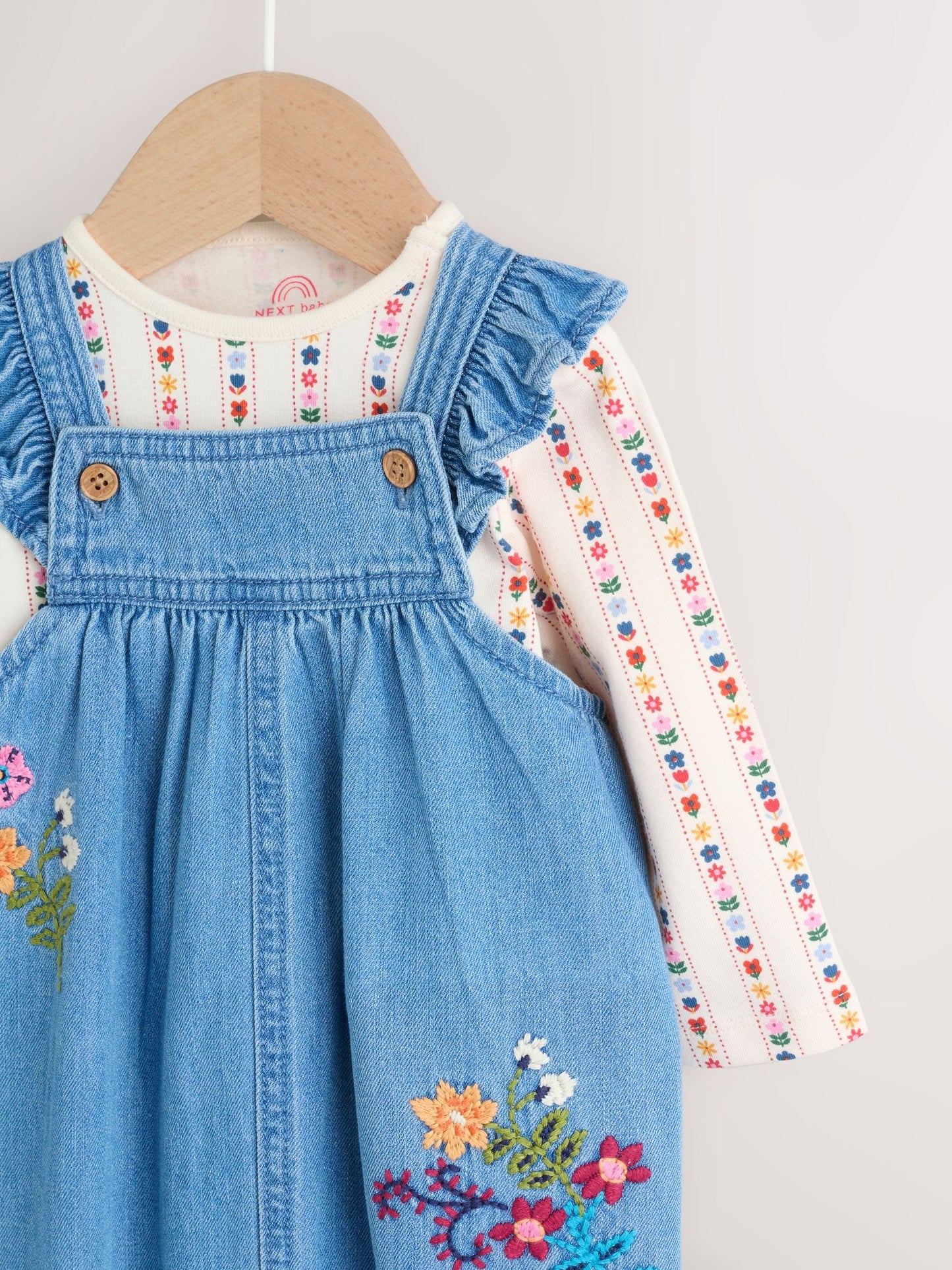 Embroidered Denim Baby Dungarees and Long Sleeve Bodysuit Set 2 Piece (0mths-3yrs)
