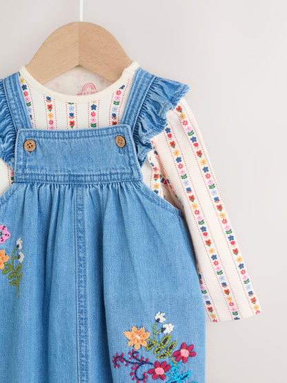 Embroidered Denim Baby Dungarees and Long Sleeve Bodysuit Set 2 Piece (0mths-3yrs)
