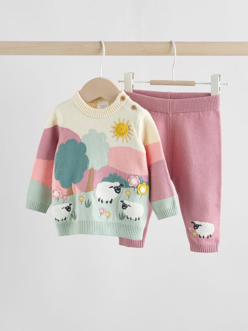 Pink Sheep Scene Baby Knitted Jumper and Leggings Set 2 Piece (0mths-2yrs) image 1