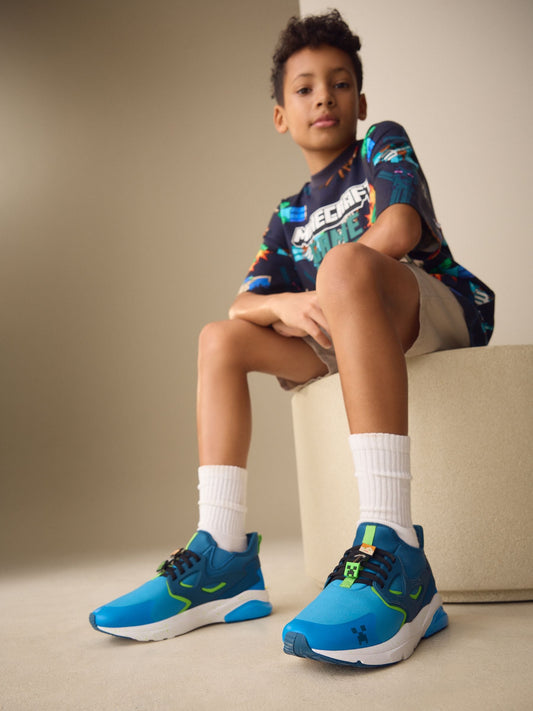 Blue Standard Fit (F) Minecraft Elastic Lace Trainers image 2