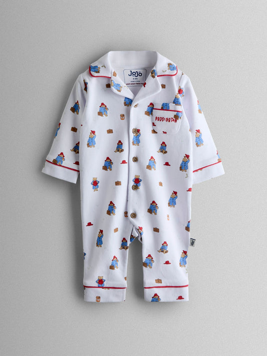 JoJo Maman Bébé White Paddington™ Print Jersey Romper Pyjama image 1