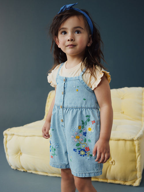 Dsiney Kidz - Mid Blue Floral Embroidered Denim Playsuit and T-Shirt (3mths-7yrs) image 1