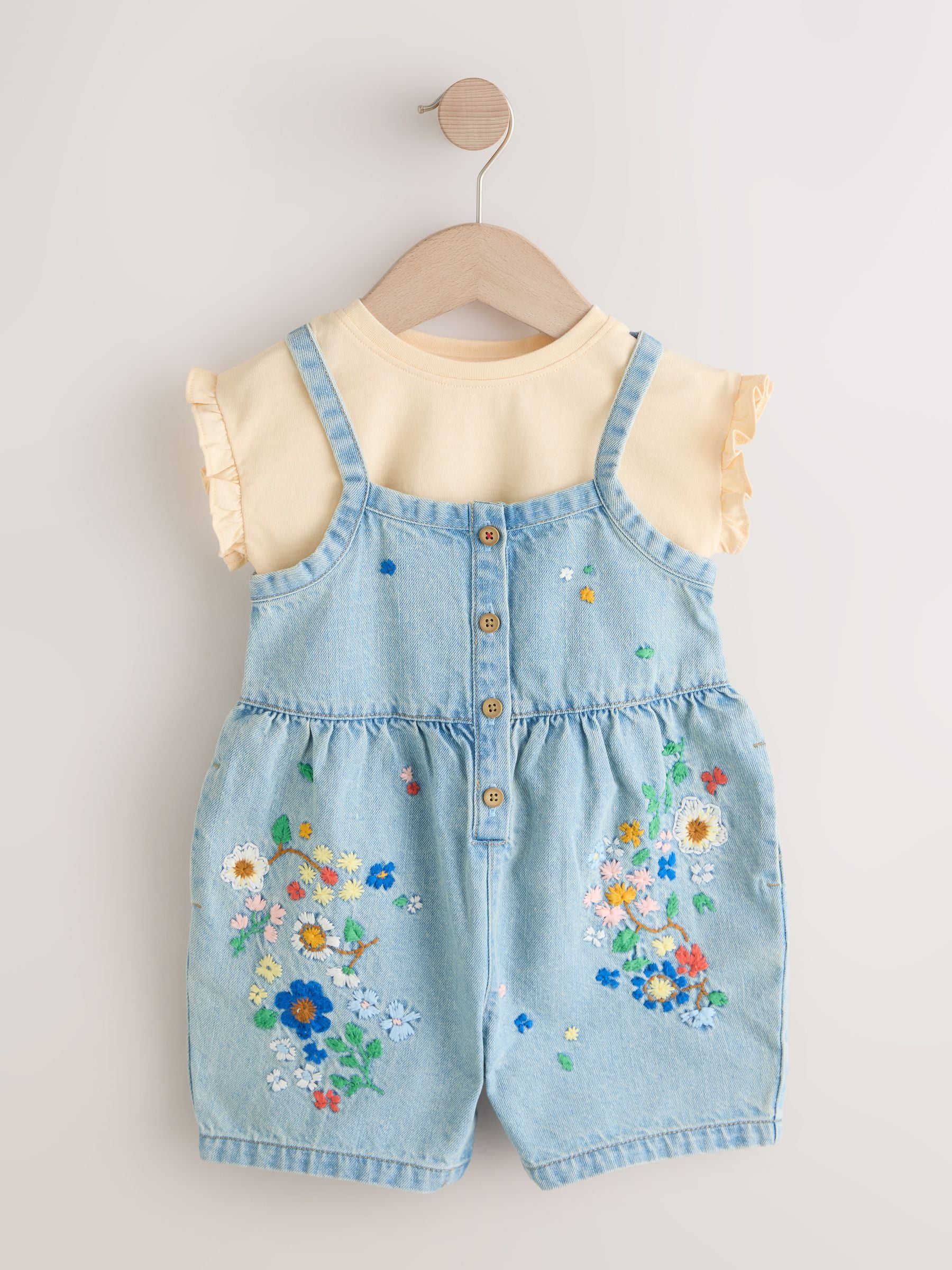 Mid Blue Floral Embroidered Denim Playsuit and T-Shirt (3mths-7yrs) image 4