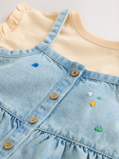 Mid Blue Floral Embroidered Denim Playsuit and T-Shirt (3mths-7yrs) image 6