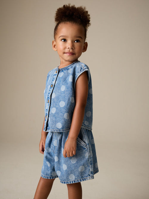 Dsiney Kidz - Mid Blue Denim Polka Dot Waistcoat and Shorts Set (3mths-7yrs) image 1