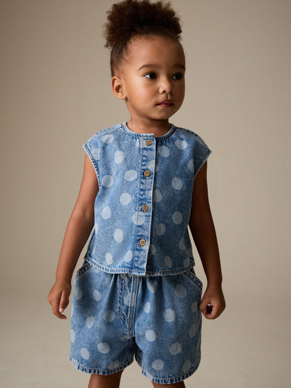 Mid Blue Denim Polka Dot Waistcoat and Shorts Set (3mths-7yrs) image 2